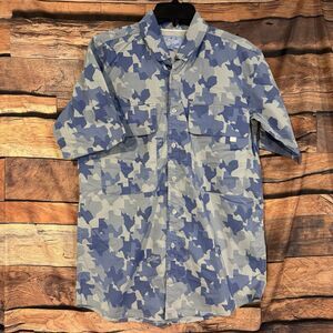 Old Tejas Camo Field Shirt Men's Small Gulf Blue Vented Texas Hunting Fishing